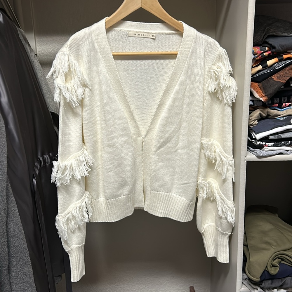 White fringe sleeve sweater , size L